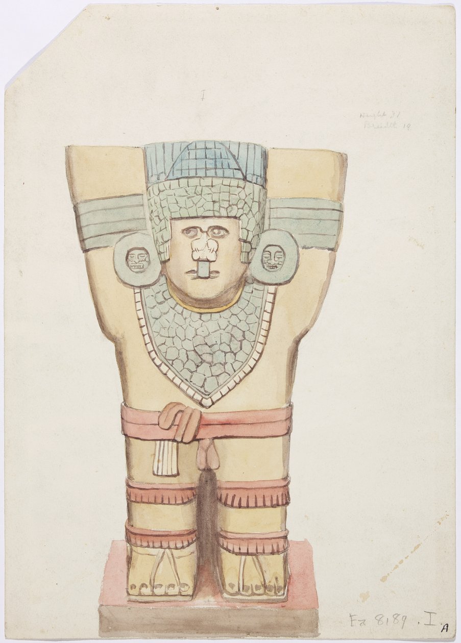 Caryatid I, ulkokammio, Jaguaarien ylempi temppeli (temppeli A), Chichen Itza, Meksiko (akvarelli) tekijältä Adela Breton