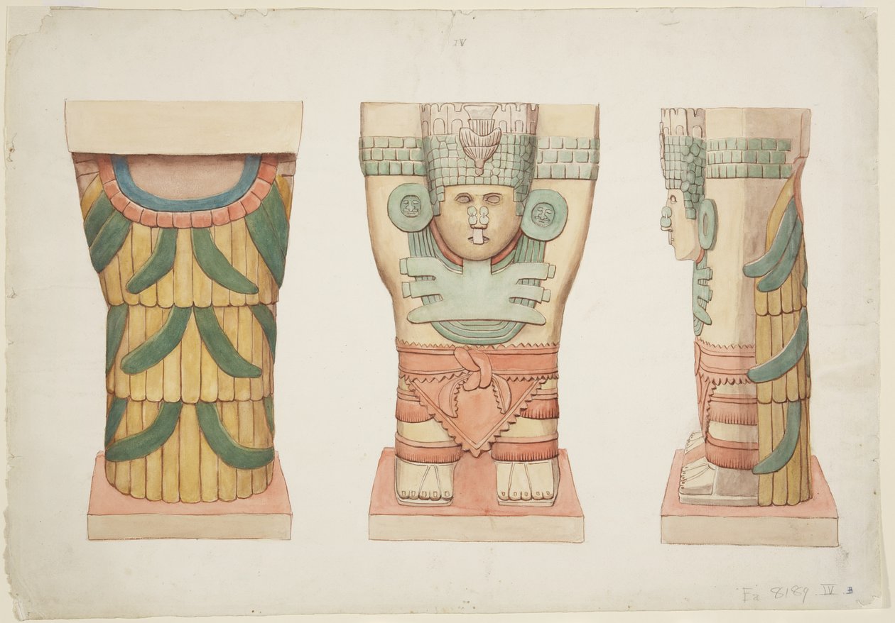 Karyatidi ulkokammiosta, Temple A, pallokenttä, Chichen Itza (akvarelli) tekijältä Adela Breton