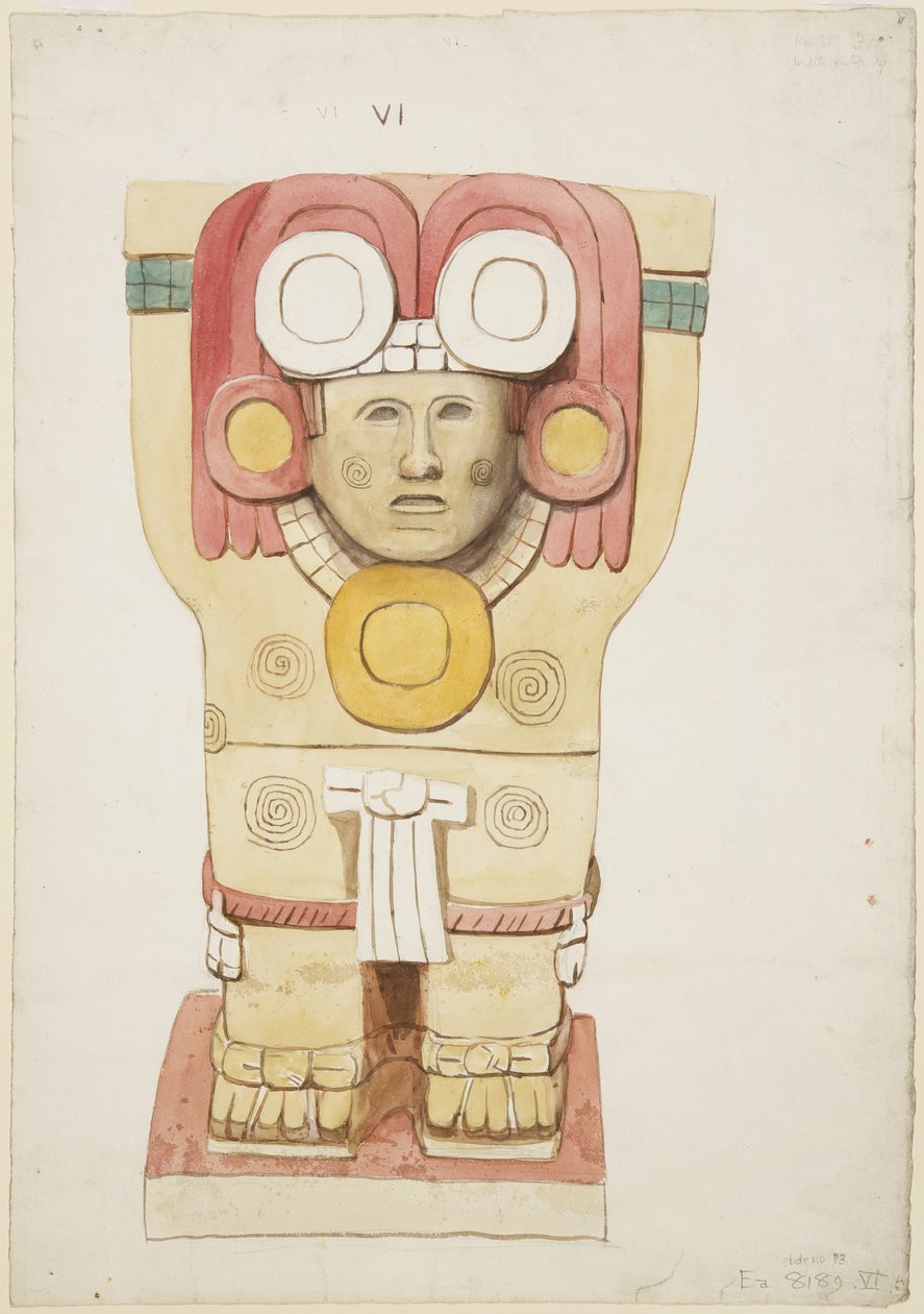 Karyatidi ulkokammiosta, Temple A, pallokenttä, Chichen Itza, Meksiko (akvarelli) tekijältä Adela Breton