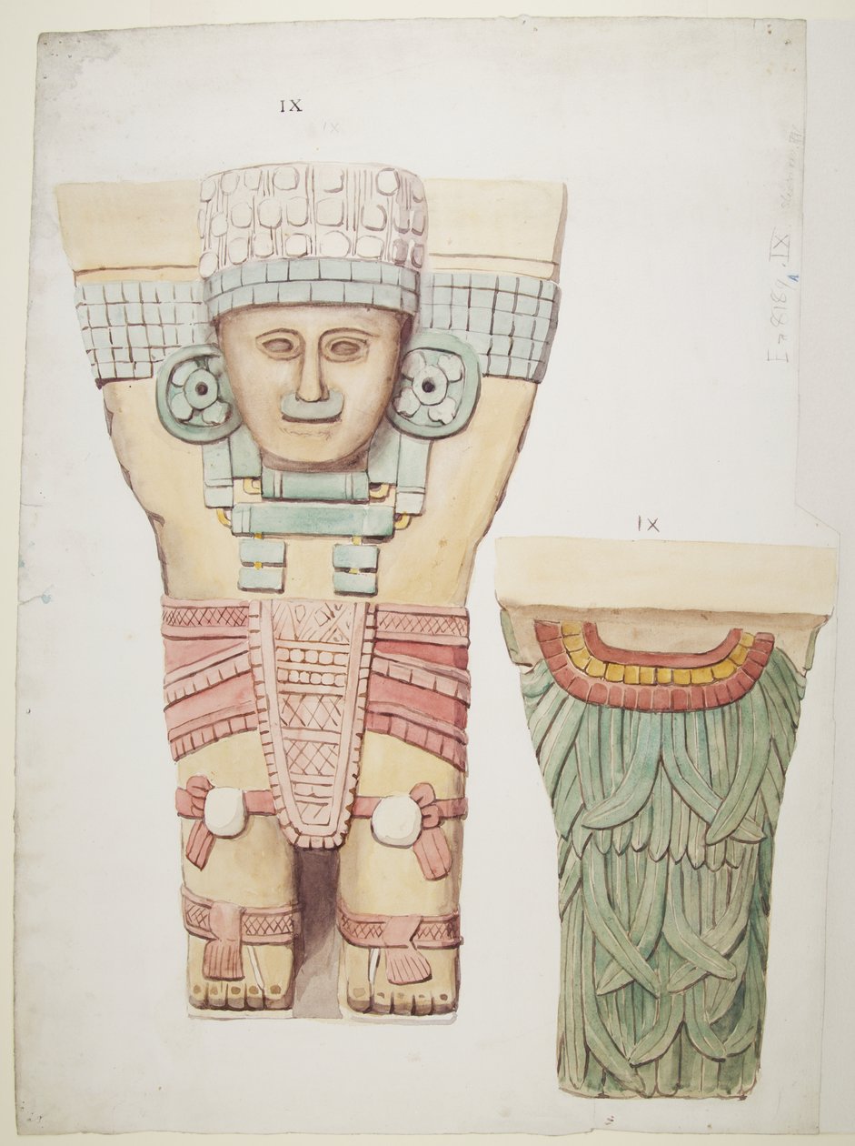 Karyatidi ulkokammiosta, temppeli A, pallokenttä Chichen Itza, Meksiko (akvarelli) tekijältä Adela Breton