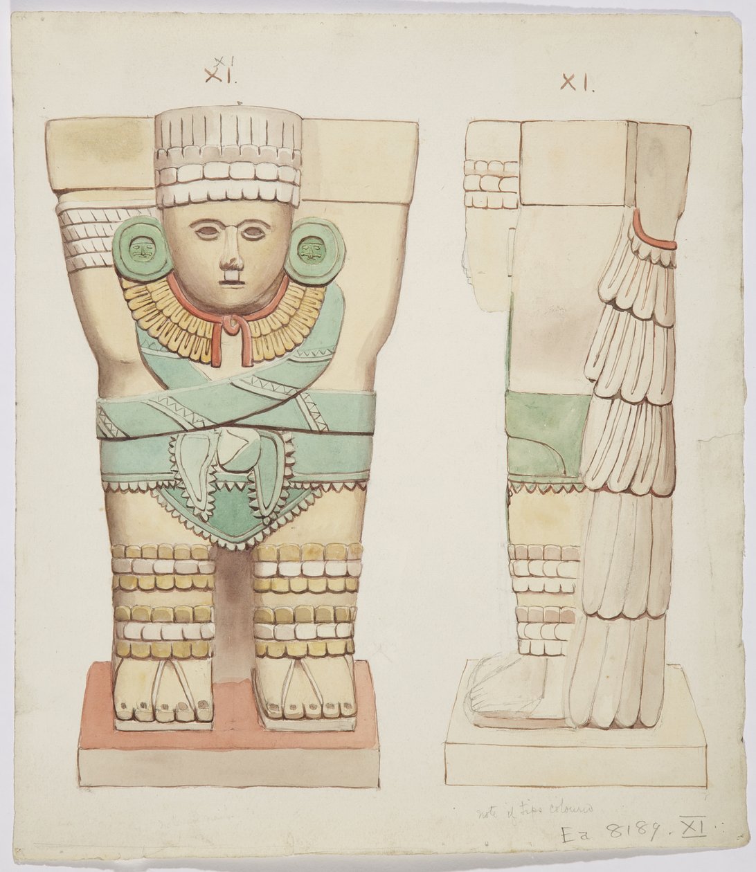 Karyatidi ulkokammiosta, temppeli A, pallokenttä Chichen Itza, Meksiko (akvarelli) tekijältä Adela Breton