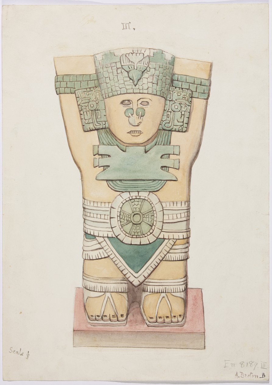 Karyatidi ulkokammiosta, Temple A, pallokenttä, Chichen Itza, Meksiko (akvarelli) tekijältä Adela Breton