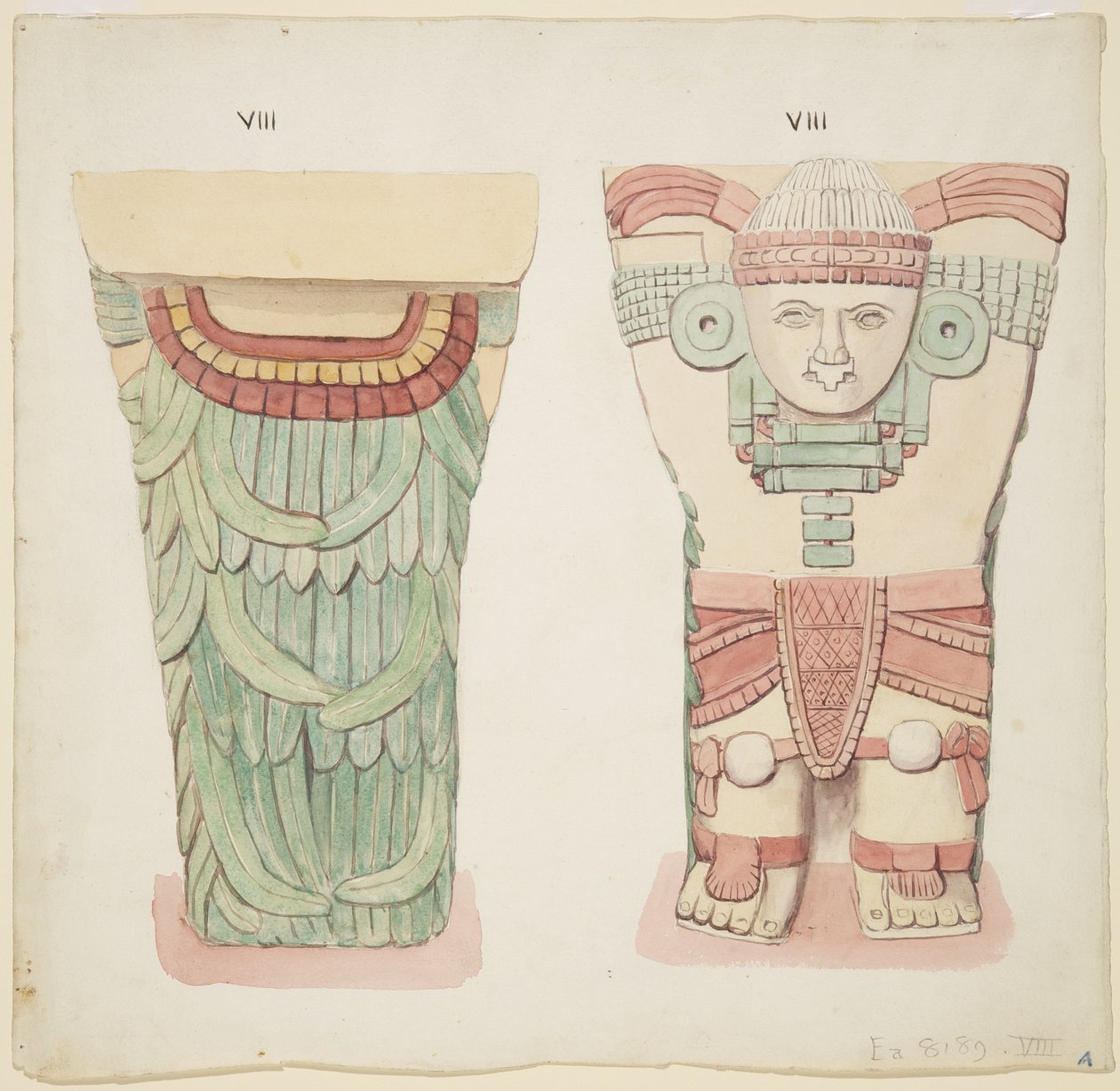 Karyatidi ulkokammiosta, Temple A, pallokenttä, Chichen Itza, Meksiko (akvarelli) tekijältä Adela Breton