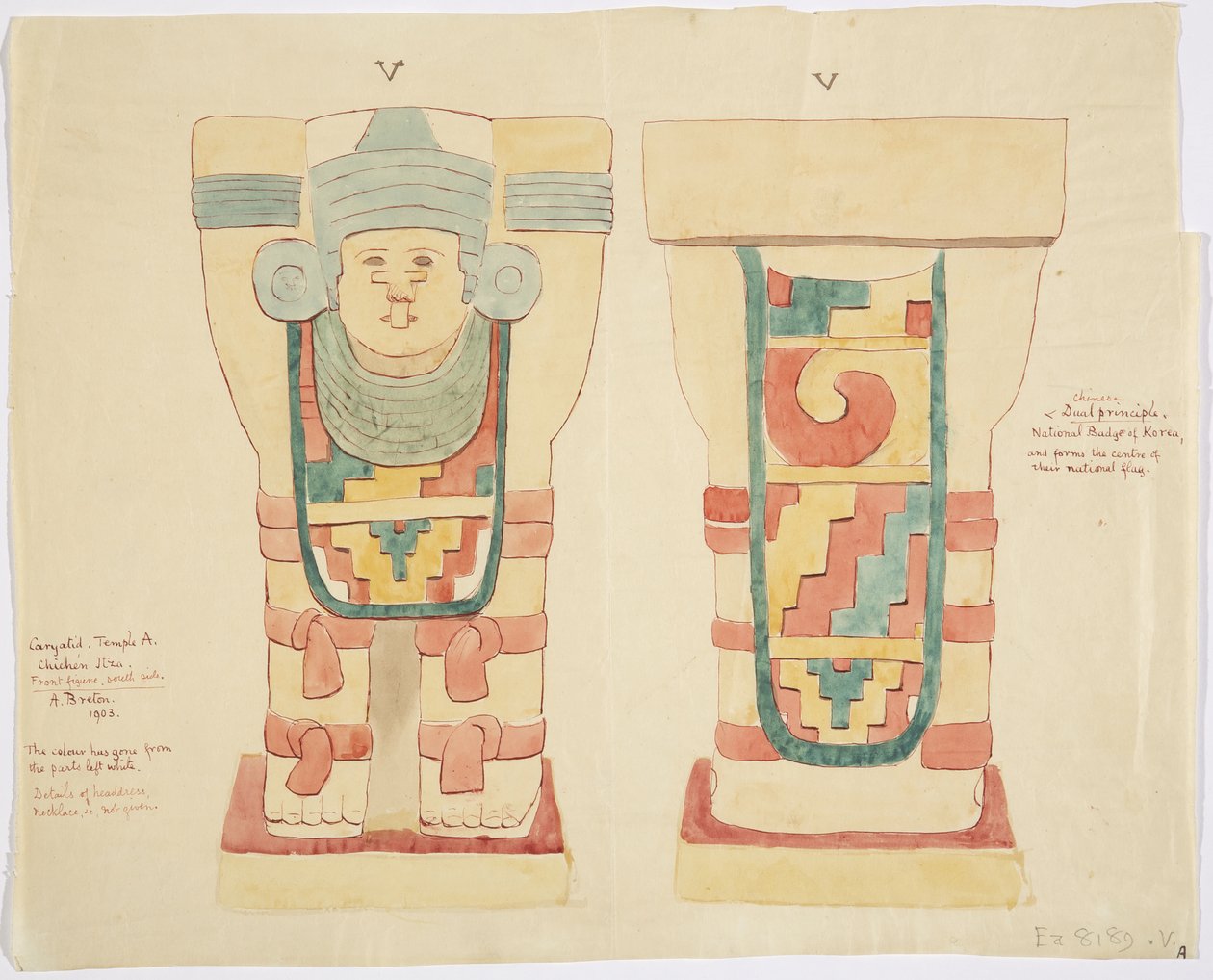 Karyatidi ulkokammiosta, Jaguaarien ylempi temppeli (temppeli A), pallokenttä, Chichen Itza (akvarelli) tekijältä Adela Breton
