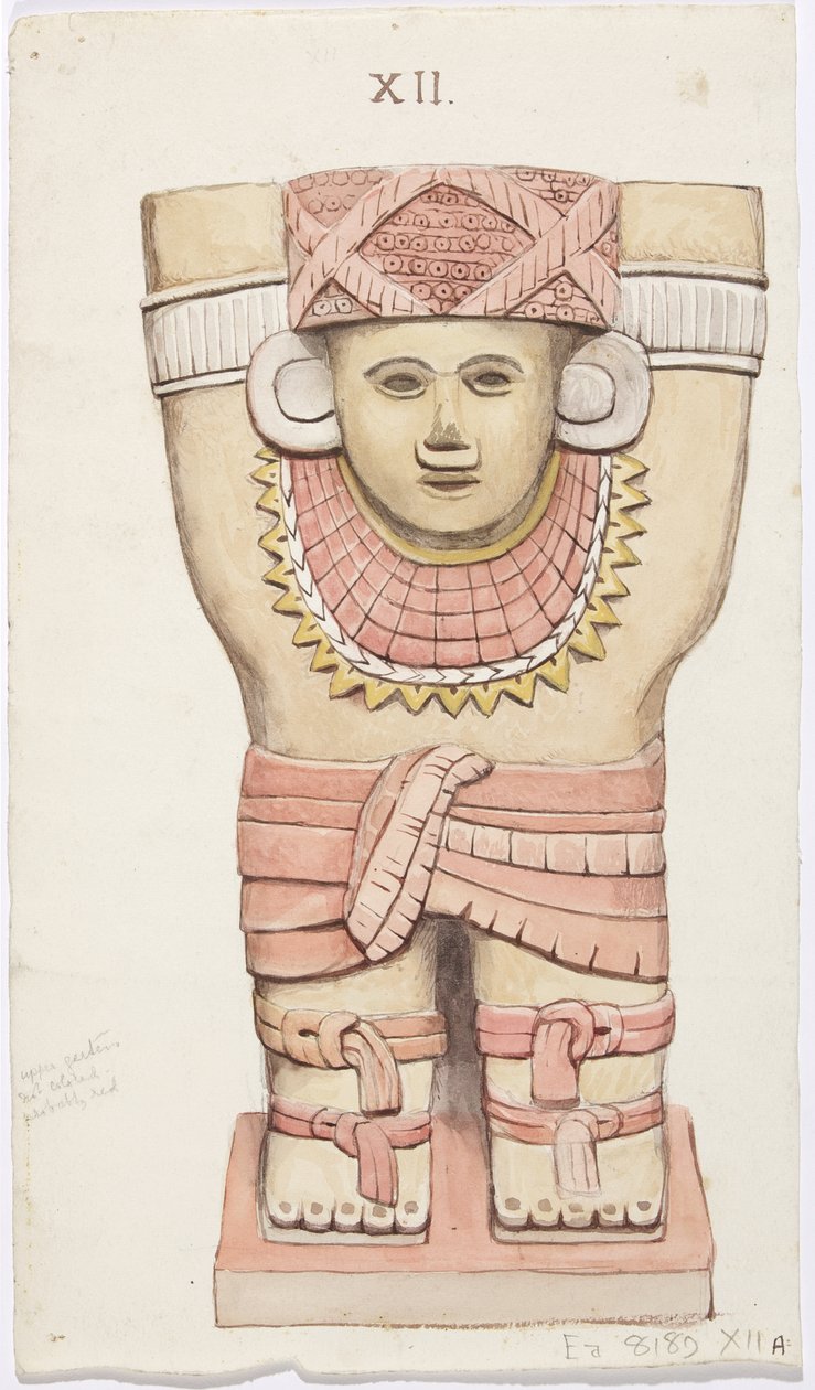 Karyatidi ulkokammiosta, temppeli A, pallokenttä, Chichen Itza, Meksiko (akvarelli) tekijältä Adela Breton