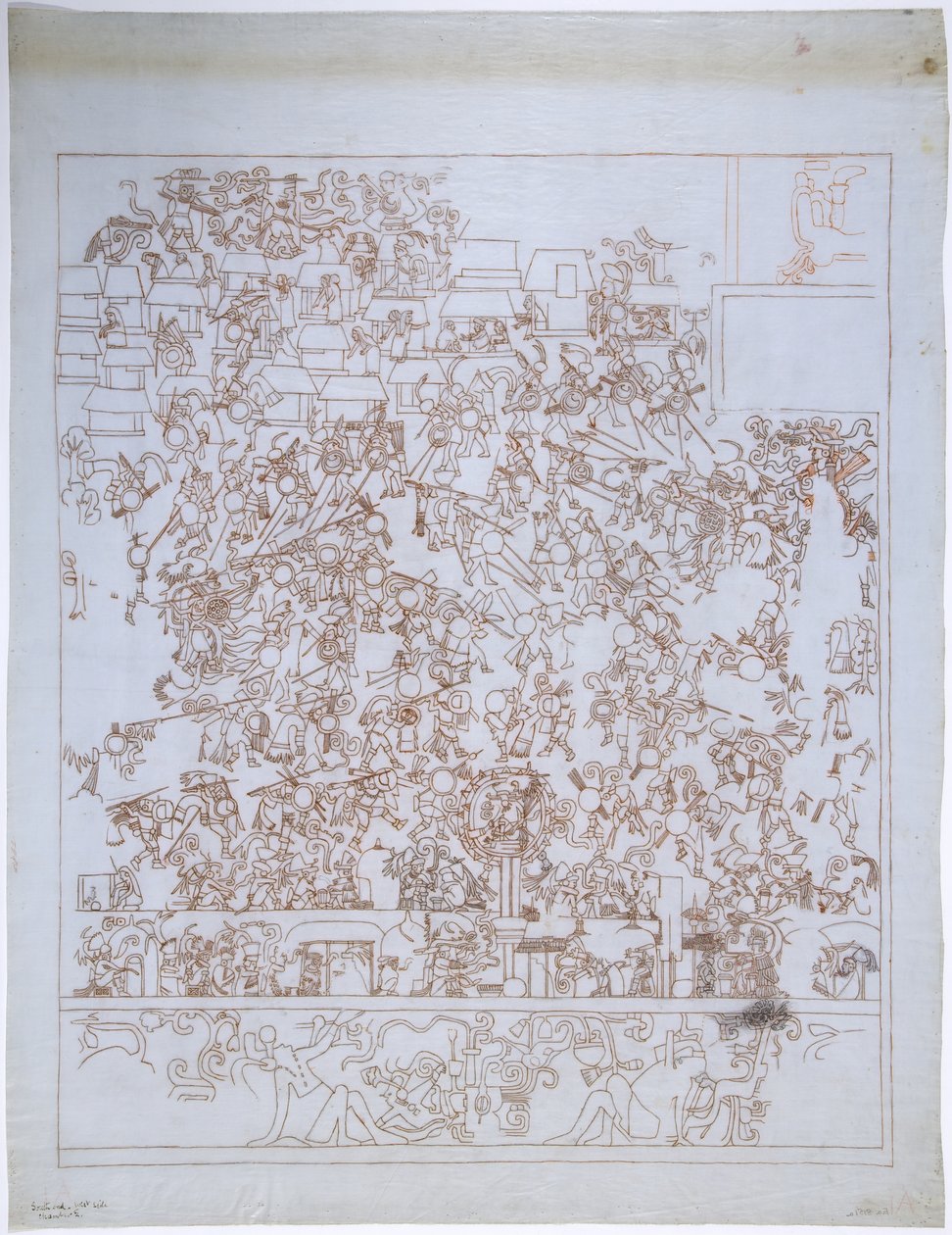 Kopio seinämaalauksesta, Jaguaarien ylempi temppeli, South End, West Wall, Upper Temple of the Jaguars, Chichen Itza, Meksiko (punainen muste ja grafiitti) tekijältä Adela Breton