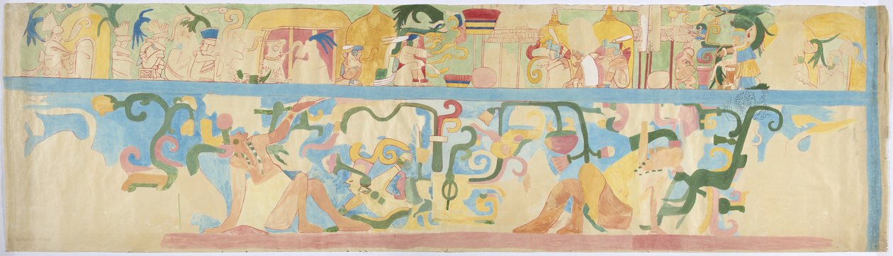 Kopio seinämaalauksesta lounaisseinästä, Jaguaarien ylempi temppeli, Chichen Itza, Meksiko (akvarelli ja vartaloväri) tekijältä Adela Breton