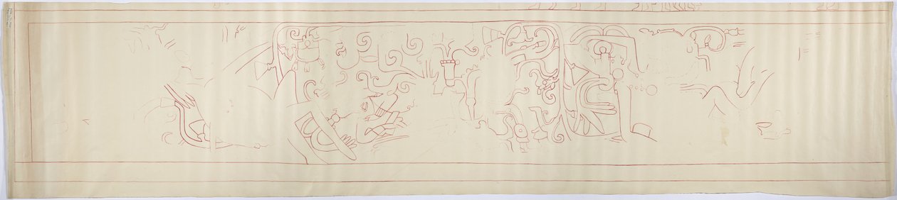 Seinämaalauksen ääriviivat länsiseinästä, Jaguaarien ylempi temppeli, Chichen Itza, Meksiko (punainen muste &   grafiitti) tekijältä Adela Breton