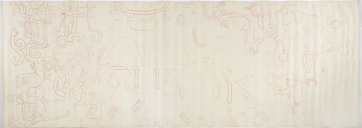 Maalaus pohjoisseinästä, Jaguaarien ylempi temppeli, Chichen Itza, Meksikon keskusta (punainen muste ja grafiitti) tekijältä Adela Breton