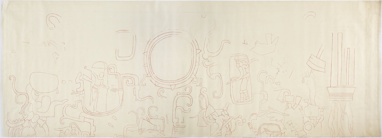 Maalaus pohjoisseinästä, Jaguaarien ylempi temppeli, Chichen Itza, Meksikon pohjoisosa (punainen muste ja grafiitti) tekijältä Adela Breton