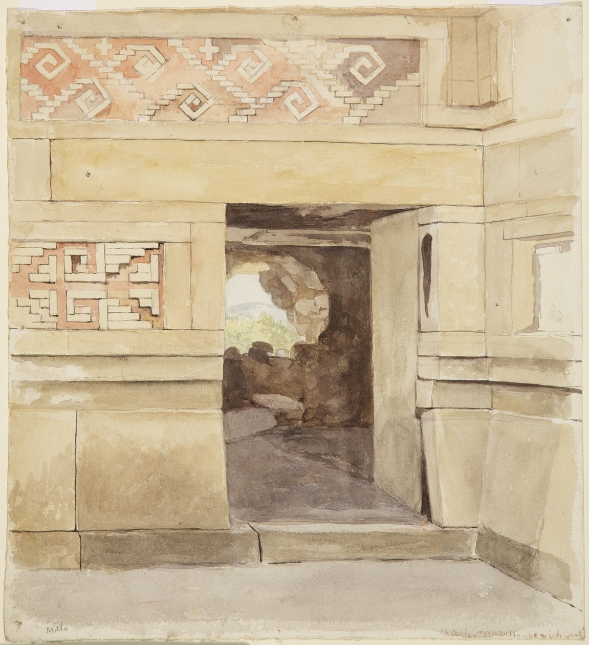 Rauniopalatsi, Mitla 1894 (akvarelli) tekijältä Adela Breton
