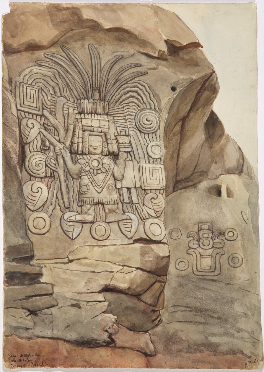 Kivireliefi luonnonkivessä, kirjoittanut Adela Breton - Piedra de Malinche, Tula, Hidalgo, Meksiko (akvarelli) tekijältä Adela Breton