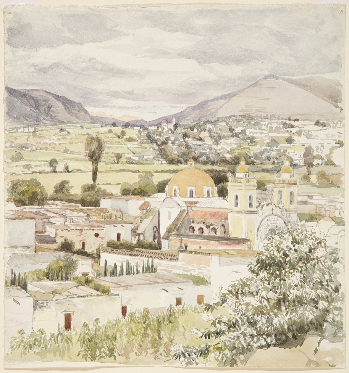 Tlaxcalan kaupunki, Meksiko 1894 (akvarelli) tekijältä Adela Breton
