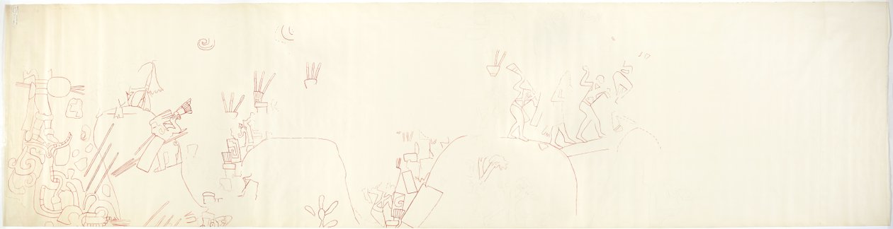 Seinämaalauksen jäljitys itäseinältä, Jaguaarien ylempi temppeli, Chichen Itza, Meksiko (punainen muste &   grafiitti) tekijältä Adela Breton
