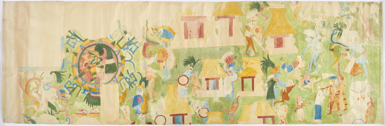 Seinämaalauksen jäljitys länsiseinän pohjoispäästä, Jaguaarien ylempi temppeli, Chichen Itza, Meksiko   (akvarelli ja vartaloväri) tekijältä Adela Breton