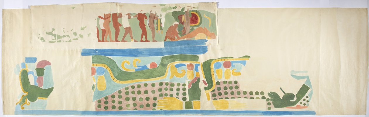 Seinämaalauksen jäljitys oven takaa, Jaguaarien ylätemppeli, Chichen Itza, Meksiko (akvarelli, vartaloväri, grafiitti) tekijältä Adela Breton