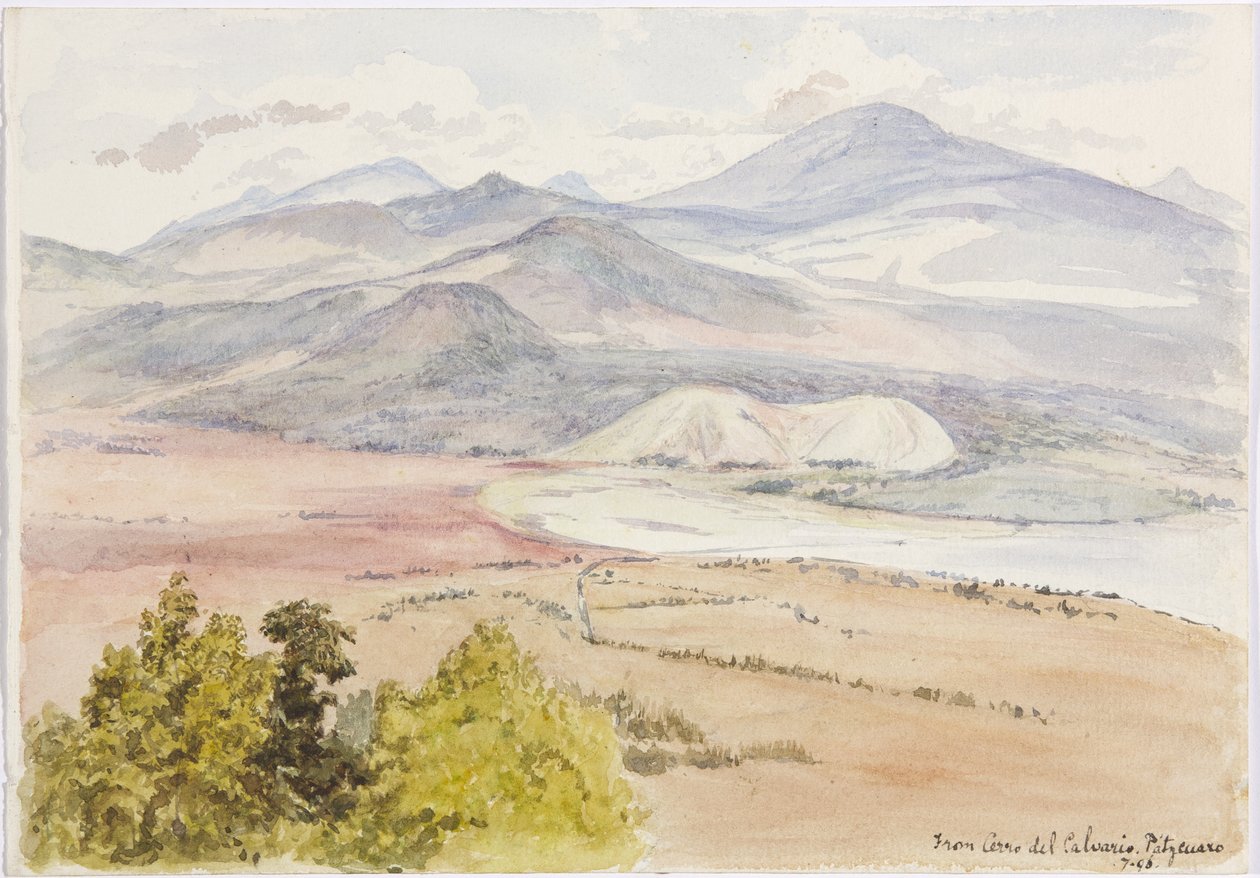 Näkymä Cerro del Calvariosta, Patzcuaxosta paperin toisella puolella ja toisella on näkymä muinaiseen linnoitukseen ja kivikumpuihin, Iguatcho Cerro del Calvariosta, Patzcuaro, Michoacan, Meksiko (akvarelli) tekijältä Adela Breton