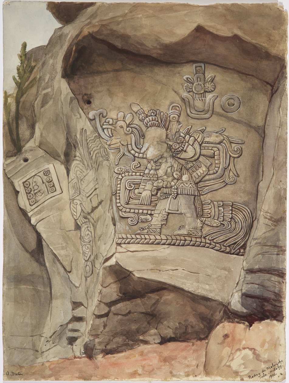 Kivirellief Piedra de Malinchesta, Tulasta, Hidalgosta, Meksikosta (akvarelli) tekijältä Adela Breton