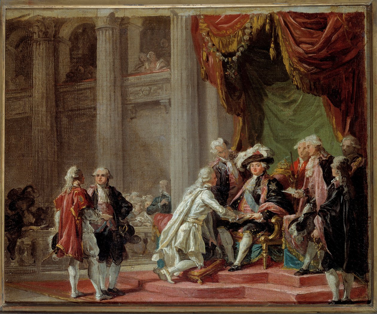 Viimeisen suurmestarin, Provencen kreivin (tuleva kuningas Ludvig XVIII) (1755-1824) vastaanotto Jerusalemin Pyhän Lasaruksen ritarikunnan ja Karmel-vuoren Neitsyt Marian ritarin vastaanotto Ludvig XVI:n Adelaide Labille Guiardin (1749-) maalauksen alla 18 tekijältä Adelaide Labille Guiard