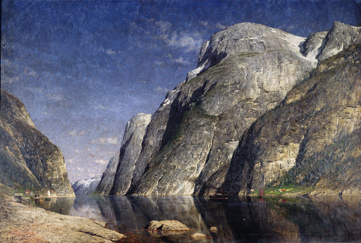 Sognefjord, Norja, n. 1885 (öljy kankaalle) tekijältä Adelsteen Normann