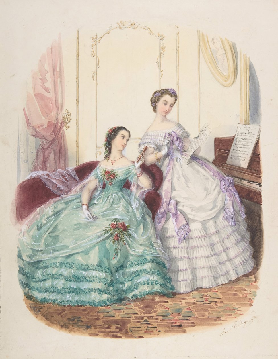 Muotitutkimus: Kaksi naista iltapuvussa, n. 1860. tekijältä Adèle Anaïs Colin