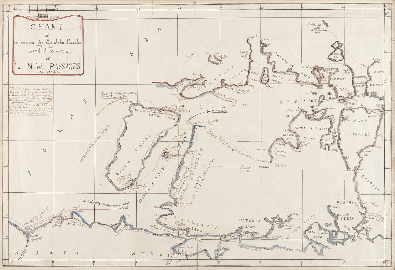 Kartta Sir John Franklinin etsinnöistä ja Luoteisväylän löytämisestä. tekijältä Admiral Edward Augustus Inglefield