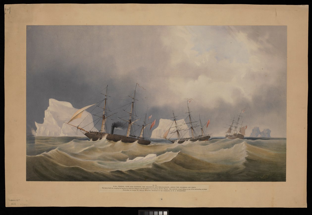 H.M.S. Phoenix ja sen seurueet, Diligence ja Breadalbane, jäävuorten keskellä. tekijältä Admiral Edward Augustus Inglefield