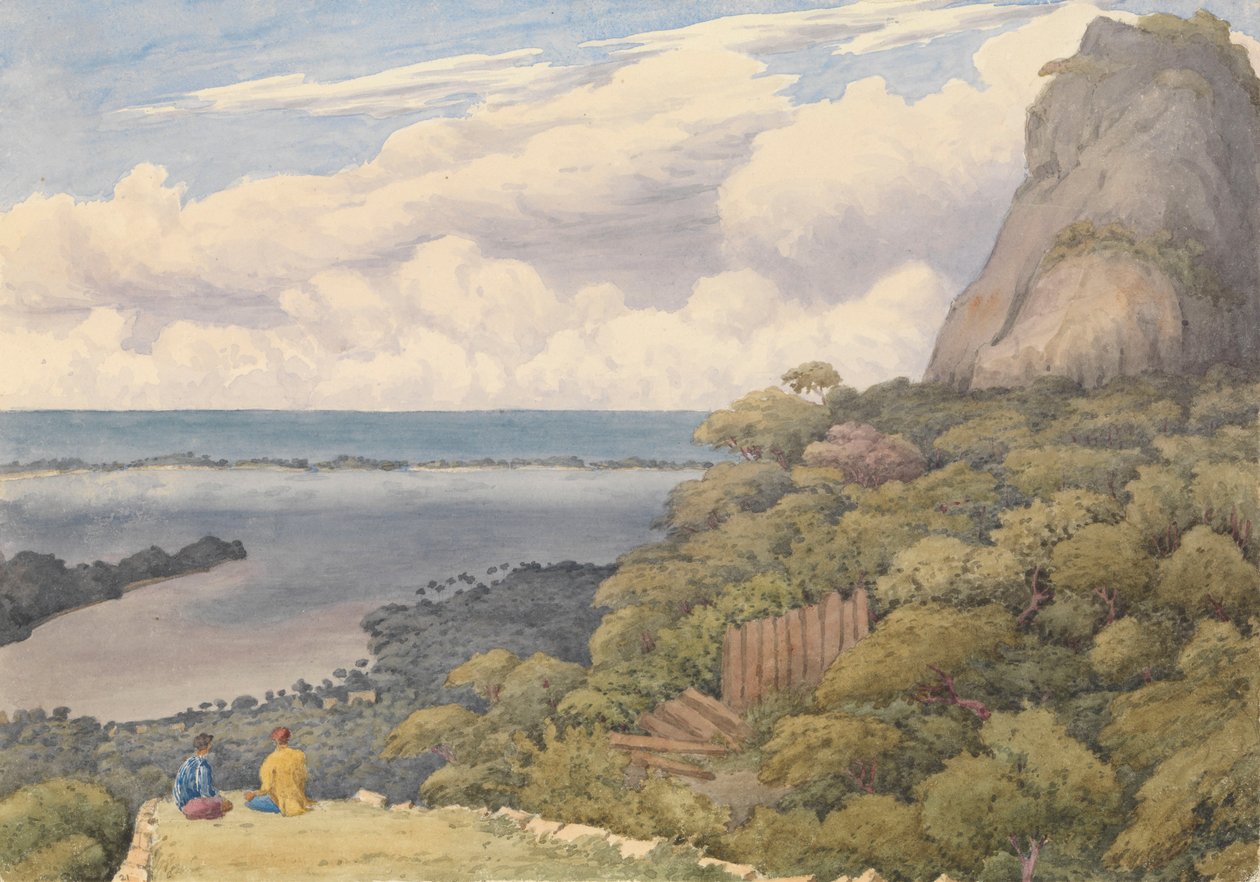 "Bora bora [Yhteiskuntasaaret], saaren itäpuolella sijaitsevan pääkylän yläpuolella olevasta raunioituneesta alkuasukkaiden linnakkeesta, 5. syyskuuta 1849. tekijältä Admiral Sir Edward Gennys Fanshawe