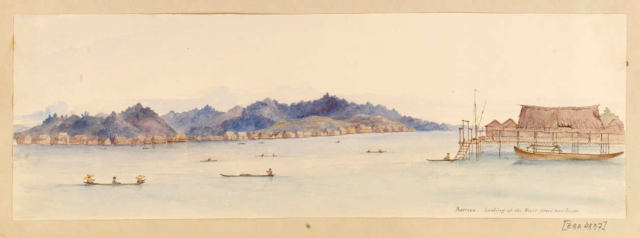 Borneo - Katse ylös jokea talostamme Länsi-Intian, Pohjois-Amerikan ja Borneon leikekirjasta, n.1845 (akvarelliväri) tekijältä Admiral Sir Edward Gennys Fanshawe