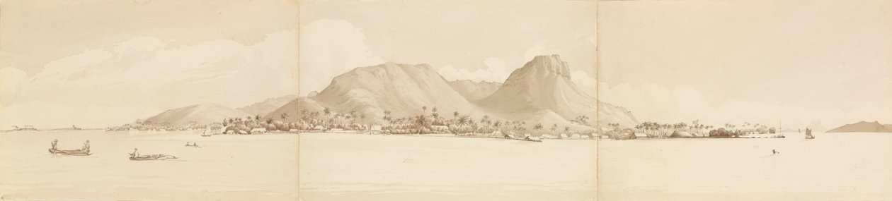 "Raiatean panoraama, 1. syyskuuta 1849. Oikealla Tahaa [Yhteiskuntasaaret]". tekijältä Admiral Sir Edward Gennys Fanshawe