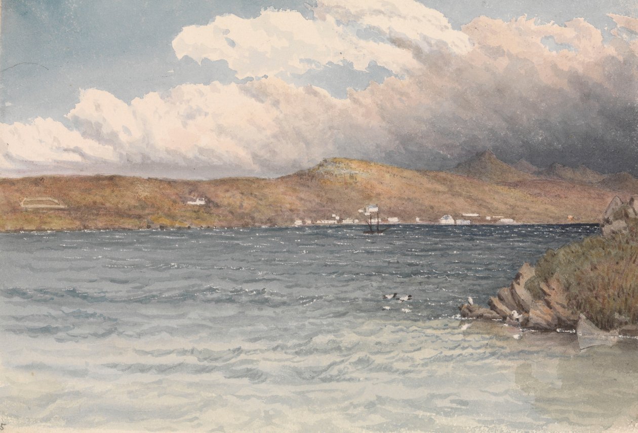 Port Stanleyn siirtokunta, Falklandinsaaret, toukokuu 1849 (vesivärimaalaus) tekijältä Admiral Sir Edward Gennys Fanshawe