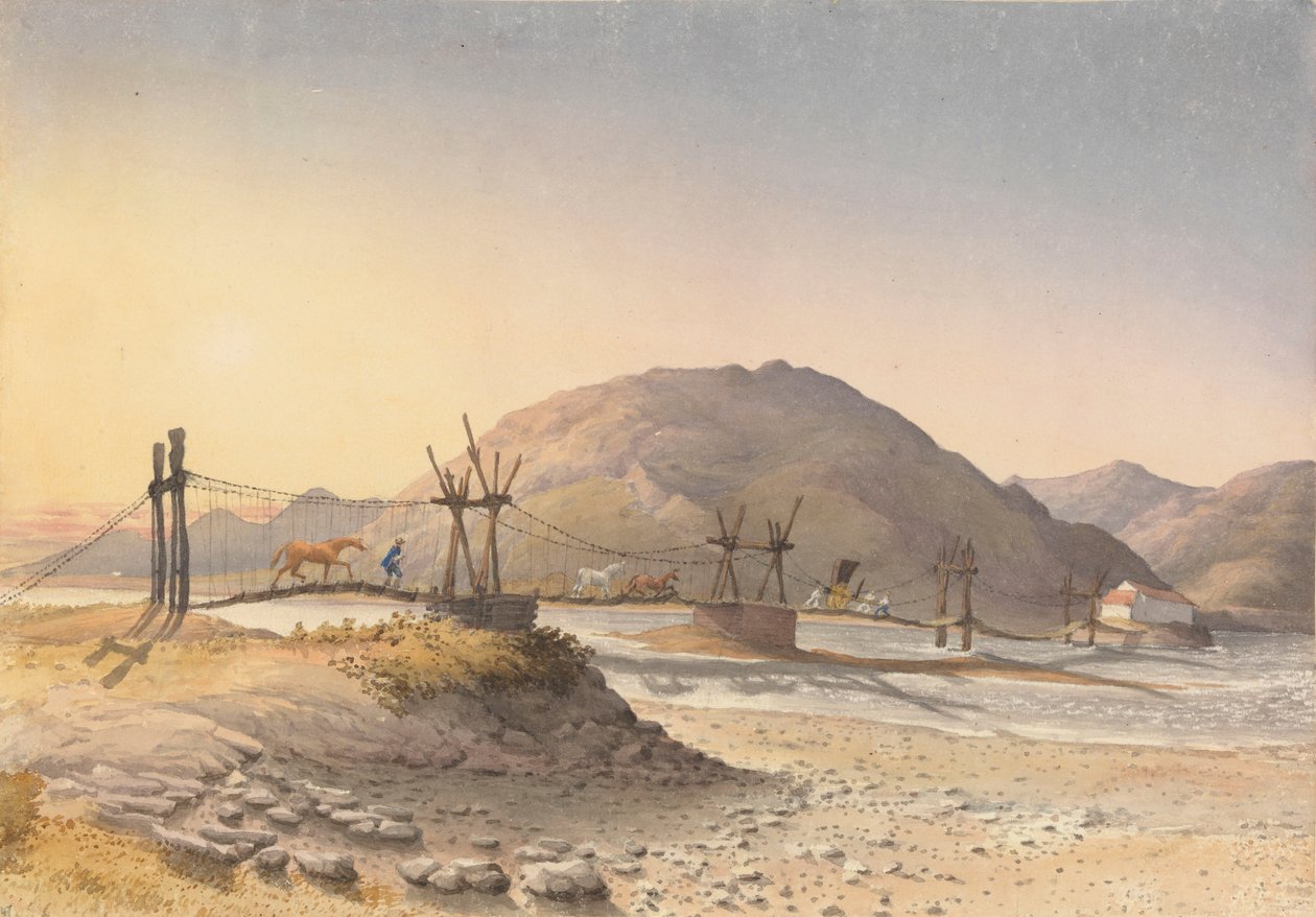 "Riippusilta, joka on rakennettu nahkanauhoista (mutta korjattu ketjulla) Maypu-joen yli, viisi peninkulmaa Santiagosta etelään, Chile, 11. tammikuuta 1851. tekijältä Admiral Sir Edward Gennys Fanshawe