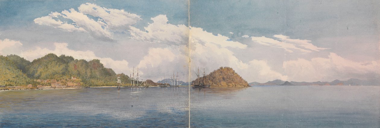 Taboga, Panamanlahti - Pericon saaret, Panaman kukkula ym. kaukaisuudessa, maaliskuu 1850 (akvarelli). tekijältä Admiral Sir Edward Gennys Fanshawe