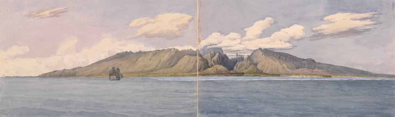 "Tahiti [Yhteiskuntasaaret]. Fautauan rotko - Kruunu- tai Diademe-vuori saaren keskiosassa ja Papeitin kaupunki, 24. elokuuta 1849". tekijältä Admiral Sir Edward Gennys Fanshawe