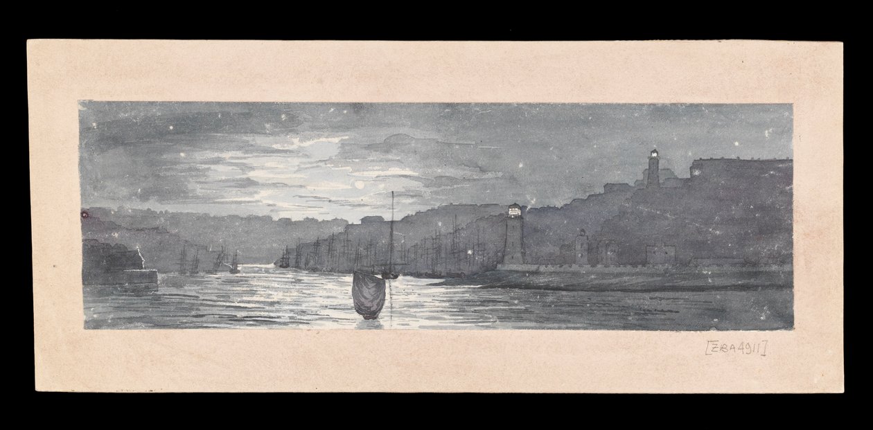 Tyne-joen suu ja North ja South Shields kuunvalossa, noin 1840 (akvarelli, raaputus, paperi). tekijältä Admiral Sir Edward Gennys Fanshawe