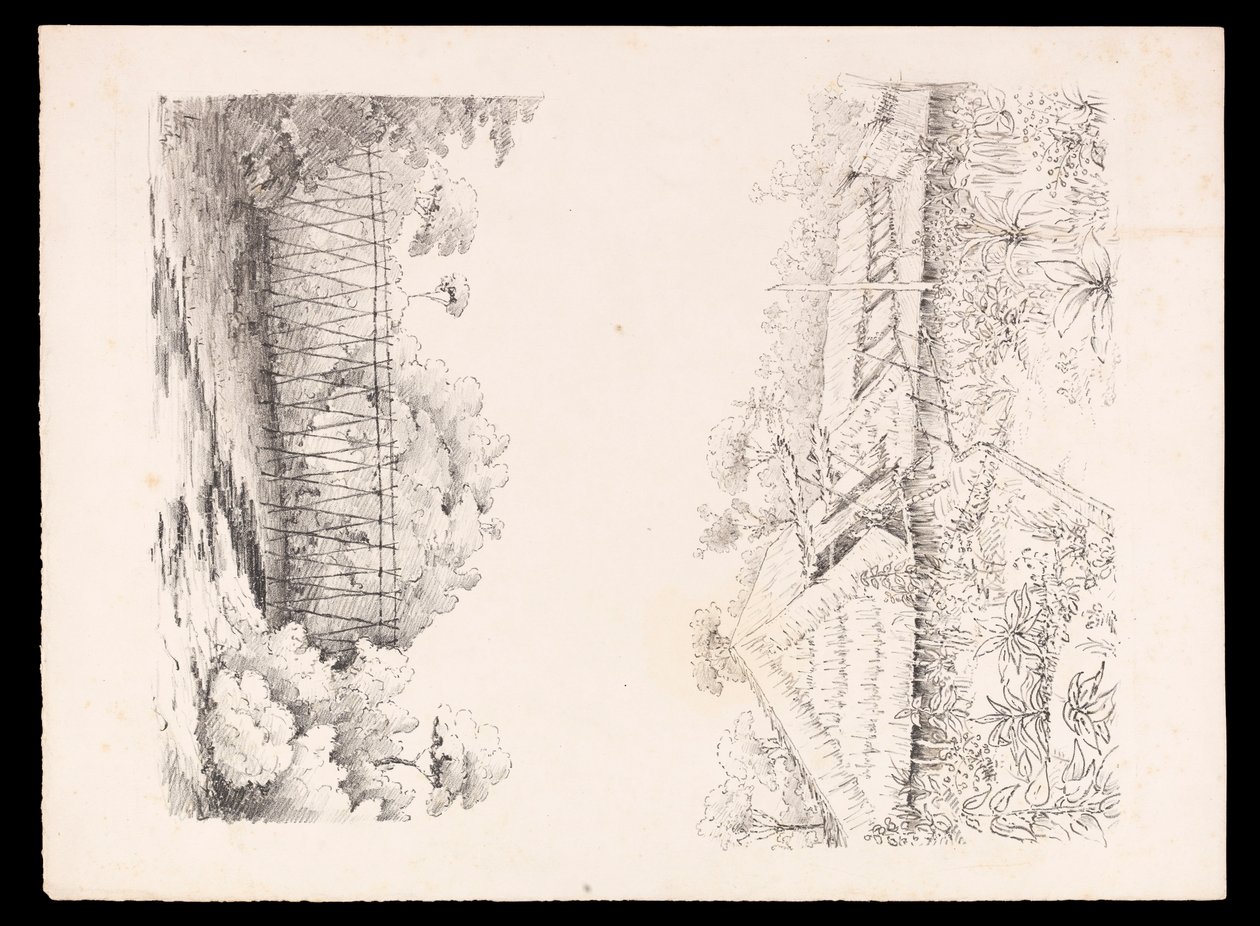 Stang-heimon kylä, Sarawak, Borneo; ja pylväistä koostuva silta joen yli Länsi-Intian, Pohjois-Amerikan ja Borneon leikekirjasta, noin 1845 (litografia). tekijältä Admiral Sir Edward Gennys Fanshawe
