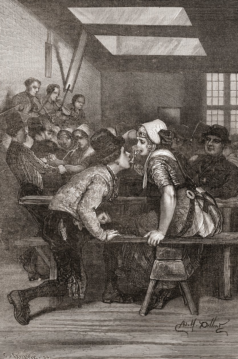 Nuori mies pitää lasia hampaissaan rakastajalleen juodakseen, Zeeland, Alankomaat, kuvitus teoksesta "Maailma käsissä", kaiverrettu Charles Laplante (k.1903), julkaistu 1878 (engravi tekijältä Adolf Alexander Dillens