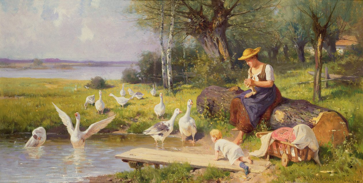 Äiti ja lapsi hanhien kanssa tekijältä Adolf Ernst Meissner