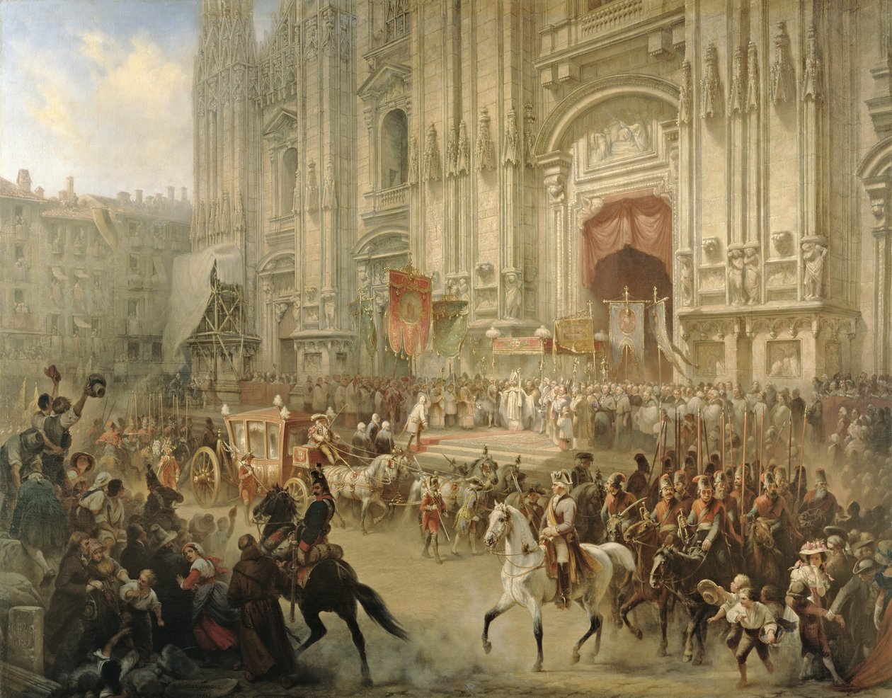 Kenttämarsalkka Aleksanteri Suvorovin seremoniallinen vastaanotto Milanossa huhtikuussa 1799, noin 1850 tekijältä Adolf Jossifowitsch Charlemagne