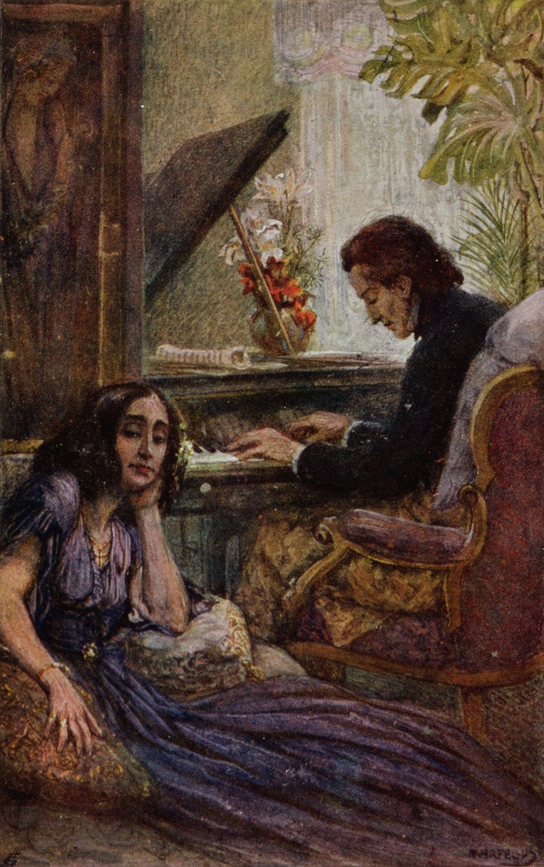 Postikortti, jossa George Sand (1804-76) kuuntelee Frederic Chopinin (1810-1849) pianonsoittoa, 1917 tekijältä Adolf Karpellus