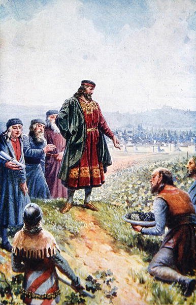 Kaarle IV tarkastaa viinirypäleitä rohkaistessaan viininvalmistusta Böömissä, 1900-luvun alussa (värilitografia). tekijältä Adolf (after) Liebscher