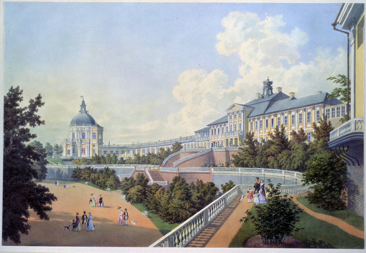 Suuri Oranienbaumin palatsi (Venäjän kuninkaallinen asuinpaikka), joka sijaitsee Lomonossovissa Pietarin taajamassa (Upea Oranienbaumin palatsi). Adolf Bezemannin (1806-1867) maalaus. akvarelli paperille tekijältä Adolf Besemann