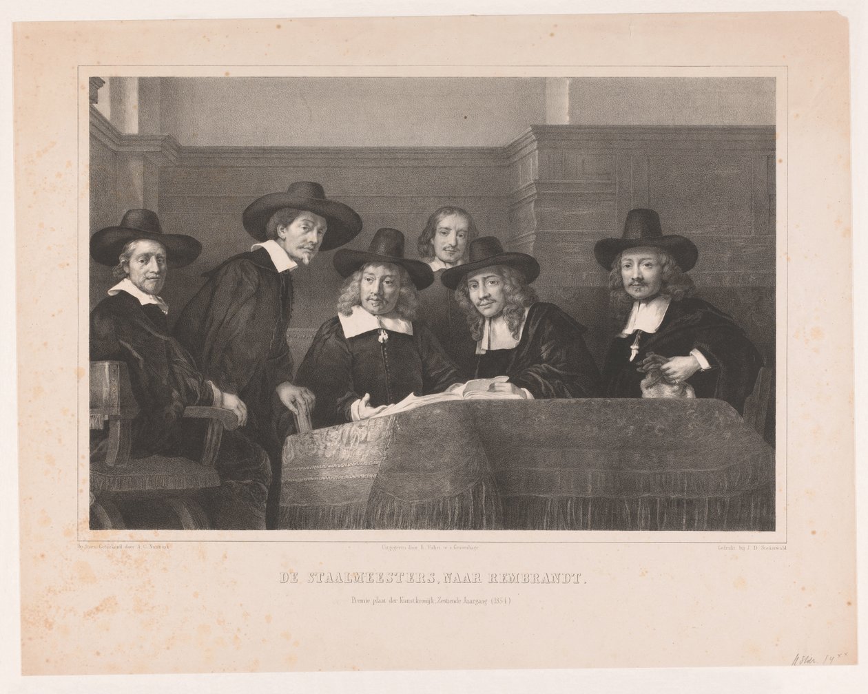 De Staalmeesters: Amsterdamin kangasvalmistajien killan näytemestarien (waardijns) korkeakoulu Staalmeesterit, Rembrandtin mukaan / Premium plate der Kunstkronijk, kuudestoista osa (1854) (nimi esineessä) tekijältä Adolf Carel Nunnink