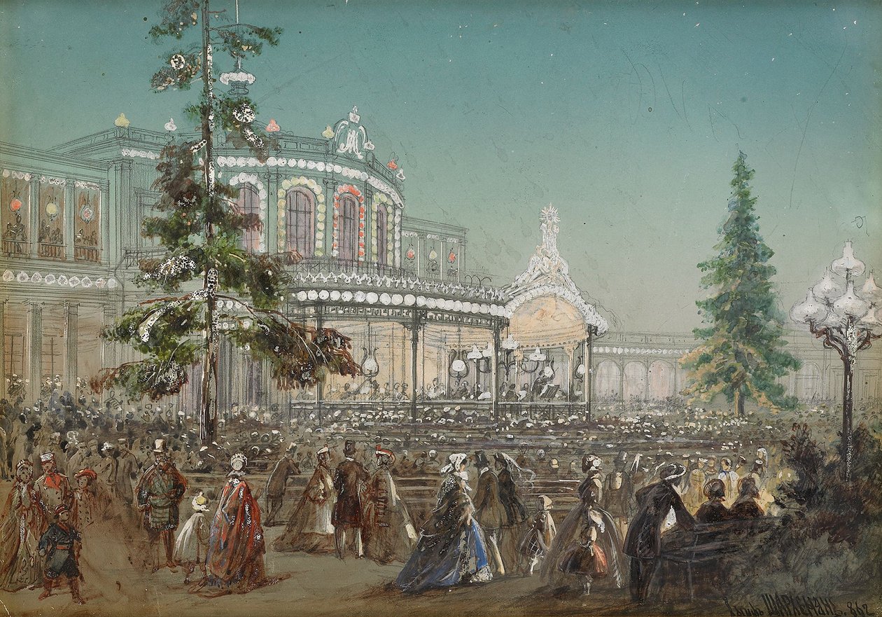 Tsarskoe Selo Railroadin 25-vuotisjuhla Pavlovskin rautatieaseman konserttisalissa, 1862 tekijältä Adolf Charlemagne