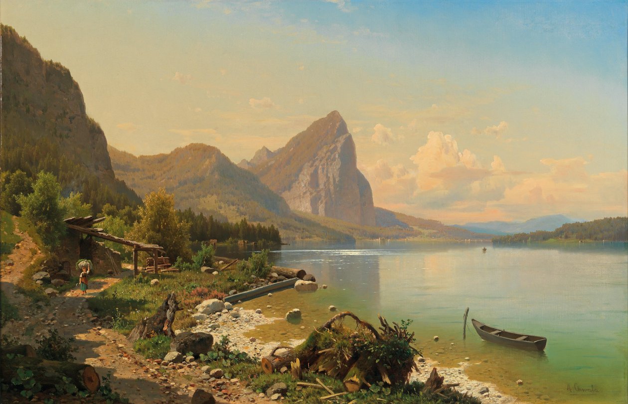 Osa Mondsee-joen rannalla lähellä Scharflingia, josta on näkymä Drachenwandille. tekijältä Adolf Chwala
