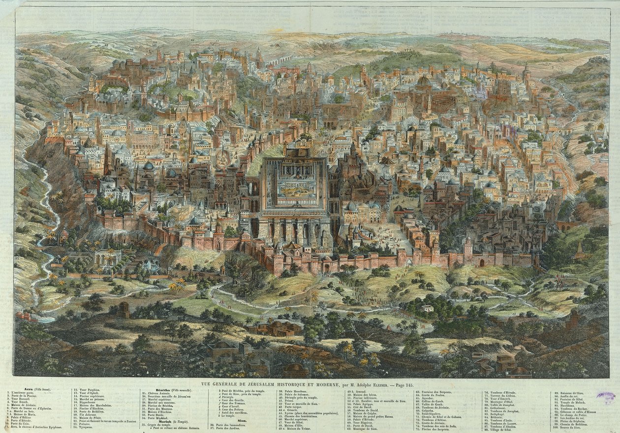 Jerusalemin kartta Yleiskuva historiallisesta ja modernista Jerusalemista, noin 1862 tekijältä Adolf Eltzner