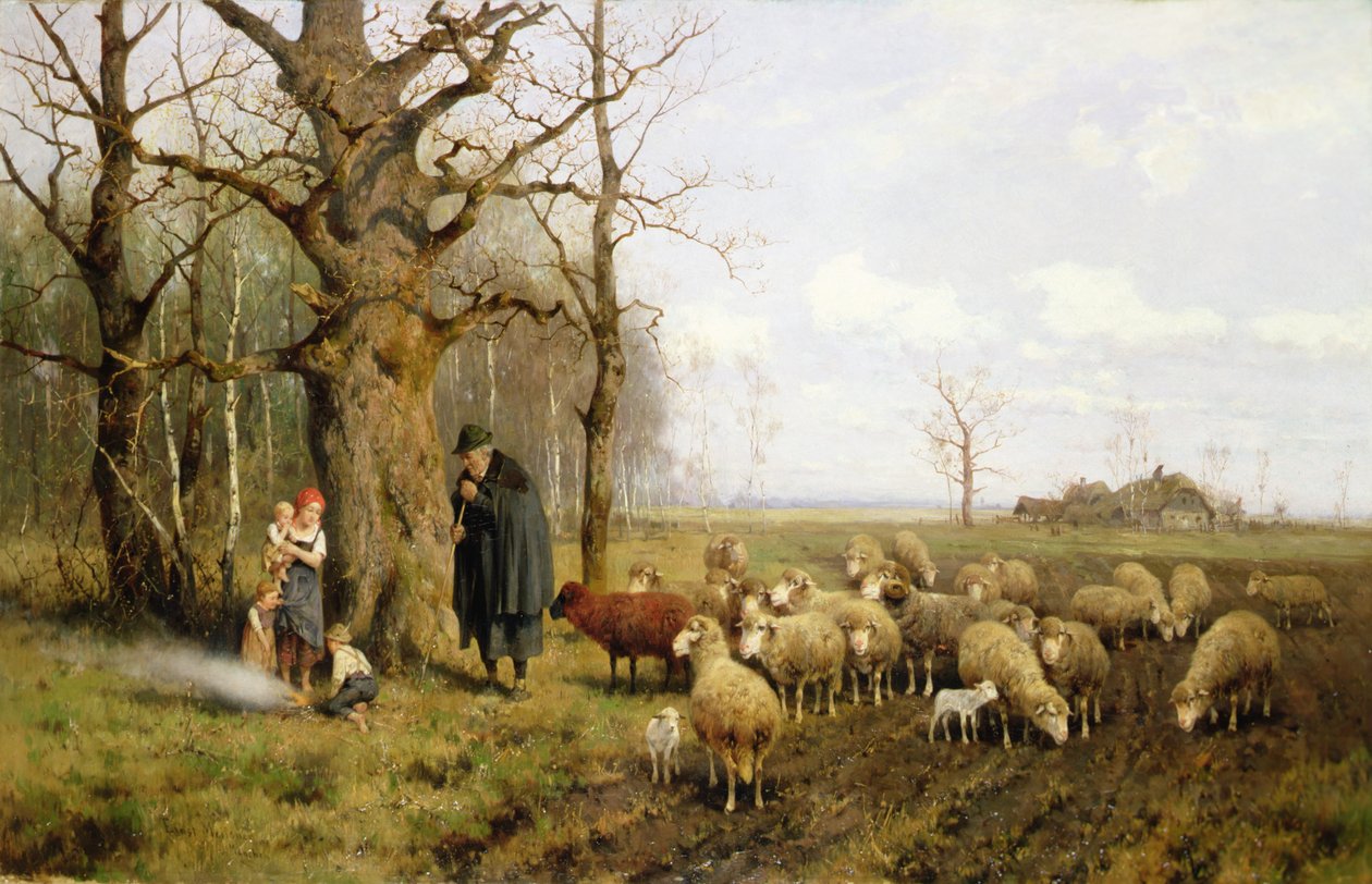 Lapset paimenen kanssa ja lampaat maisemassa (öljy kankaalle) tekijältä Adolf Ernst Meissner