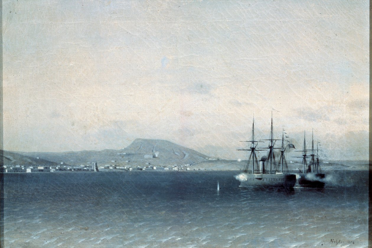 Turkin laivasto pommitti Feodosiyan kaupunkia vuonna 1878, 1878. tekijältä Adolf Fessler