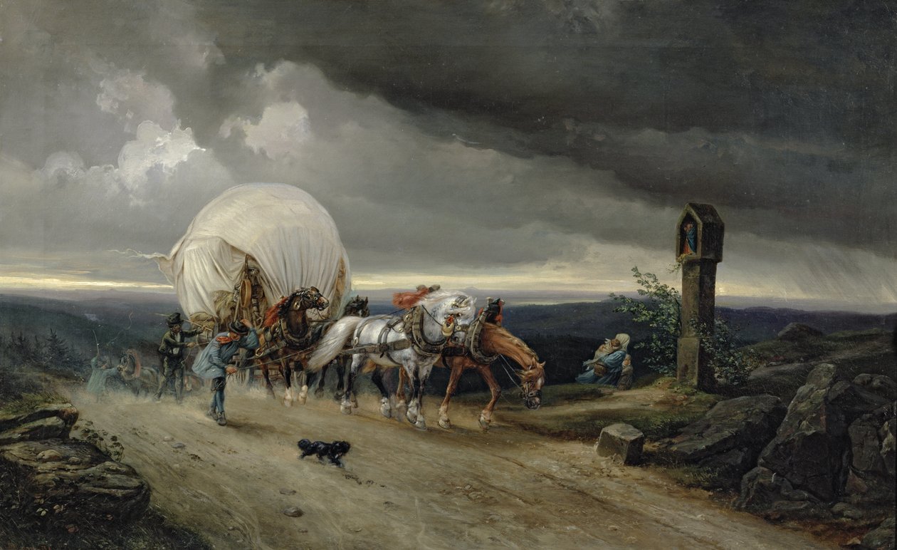 Hevoset piirtävät kärryjä mäelle, 1856 tekijältä Adolf Friedrich