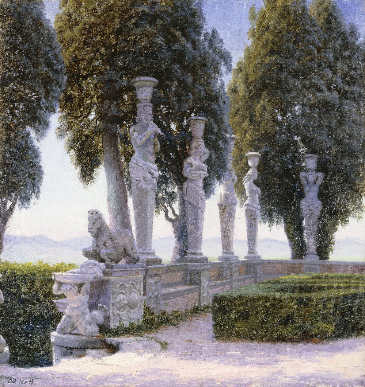 Neliö karjatidien kanssa Villa Farnesen alueella, Caprarolassa; Piazzale delle Cariatidi Palazzo Farnesen puistossa Caprarolassa tekijältä Adolf Heinrich Hansen